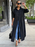Women Loose Casual Kaftan Long Maxi Shirts Dress 2023 Solid Long Sleeve Lapel Single-breasted Dresses Female Vestidos-Outfit
