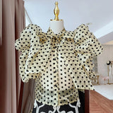 Print White Casual Shirts For Women Stand Collar Short Sleeve Lace Up Bowknot Loose Blouses Female 2022 Fashion