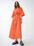 Elegant Lace Up Robe Dress Summer Wrap Long Dresses Women Casual Loose Half Sleeve Cotton Linen Office Blazers