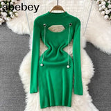 Out Autumn Women Knitted Dress Long Sleeve Elastic Waist Fashion Warm Dress Winter Bodycon Mini Sweater