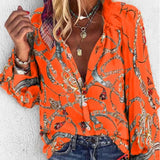 Lady Vintage Blouse Women Spring Autumn Chain Print Long Sleeve Loose Shirt Tops Single-breasted Overtsized