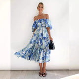 Summer New Bubble Sleeve Holiday Show Skinny Dress Babes High-Waisted Shoulder-Print Dress Dress