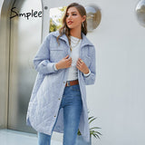 Simplee Elegant loose plaid pocket women's parka blue Office split lapel ladies long coat winter Casual za fashion quilted