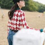 2021New Vintage Argyle Women's Sweater CHIC POLO Collar Autumn Winter Pullover Sweaters Knitted Christmas