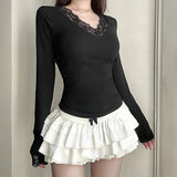 Toloer Pure Desire Sexy Wind Lace Splicing Base Long-Sleeved T-Shirt V-Neck Pure Color Slim Slim Joker Top-Outfit