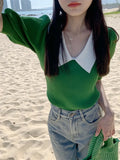 Retro Bubble Sleeve Knitted T-Shirt Women Design Small Short Top Summer New Ice T-Shirt
