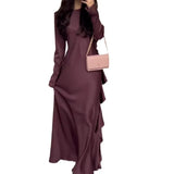 Solid Color Round Collar Lotus Leaf Long Temperament Dress In Autumn