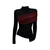 Temperament Oceanic Irregular Bottoming Shirt Women Autumn Half-High Collar Collar Head Thin Bumping Color Splicing