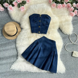 Toloer Cool Hot Girl Suit Skirt Female Summer Short Jeans Strapless Vest Top Two Set High Waist A-Line