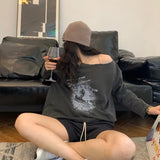 Women Vintage Print T-shirt Fairy Grunge 2021 New Autumn Long Sleeved Cool Girl Rock Strapless Tees Loose Harajuku