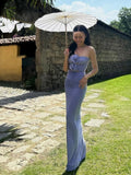 Blue Strapless 3D Flower Ruched Maxi Dress-Outfit