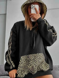 Has F24TP161 Women's Autumn And Winter New Leopard Splicing Drawstring Pocket Loose Casual Hooded