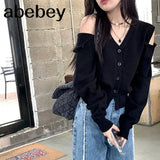 V Neck Long Sleeve Cardigans Women Japanese Sweater Vintage Single Breasted Crop Knit