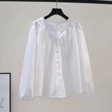 Lantern Sleeves Folded Cotton Lady Shirt 2025 Spring And Autumn Korean Version Of The Design Sense Of Loose Literary And Artistic Fan