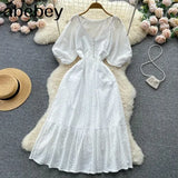 Summer White/Green/Pink New Lace Embroidery Dress Women Puff Sleeve Dresses Female Vintage Party Beach Maxi Long
