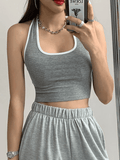 Contrast Trim Cropped Halter Tank Top-Outfit