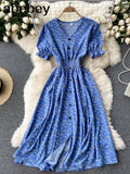button floral print V Neck Long Dress Summer Party elastic waist dress Women elegant tunic split beach