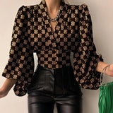 Explosion Spring New Temperament Button V-Neck Lantern Sleeve