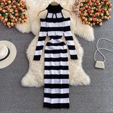 Women Retro Stripe Knitted Dress Sexy Off Shoulder Long Sleeve Slim Dresses Autumn Winter Bodycon Korean Sweater