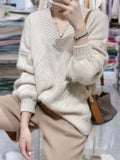 2021 soft and thick cashmere sweater women autumn and Winter Bubble Sleeve v neck loose lazy wind wool knitted sweater