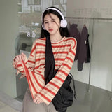 Toloer Collar Striped Long-Sleeved T-Shirt Women's Autumn 2024 New Design Feeling Loose Show Thin Casual Students Slit