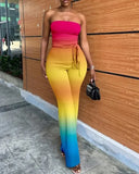 Women's Summer Bandeau Sleeveless Jumpsuits with Belt Non-Stretch Ombre Tie Dye Tied Detail Straight Leg Female