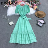 New Summer Women Temperament All-match V-neck puff sleeve Dress waist slim hollow out solid