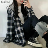 Basic Jackets Women Long Sleeve Plaid Hooded Lace-up Patchwork Womens Outwear Preppy-style Students Ulzzang Casual BF