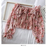 one-shoulder floral lace tie ruffled chiffon shirt female pleated was thin puff sleeve bottoming