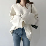 V-Neck Solid Color Loose Sweater-Outfit