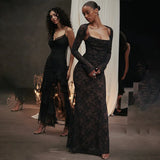 Toloer Lace Temperament Closed Waist French Dress Vest Hook Flower Long Sleeve Sling Advanced Even-Outfit