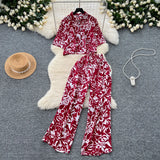Light Style Suit Women's Fashion With Loose Short Print Shirt + High Waist Display Thin Leg
