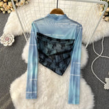 Gradient Mesh Sexy Women Top American Style Fashion Letter Long Sleeve Stand Neck Sheer Autumn Thin Sun Proof T