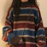 Vintage Striped Crew Neck Pullover Sweater-Outfit