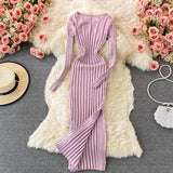 Women Korean Knitted Dress Long Sleeve O Neck Elastic Slim Pencil Dress Autumn Winter Sexy Bodycon Split Sweater