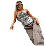 Toloer Women's Wear Spring / Summer 2024 New Hanging Neck Band Exposed Back Irregular Vest T-Shirt Top Women-Outfit