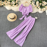 Women Autumn Bohemian Floral Set V Neck Puff Sleeve Short Top+Sexy Split High Waist Wide Leg Long Pants Two Pieces
