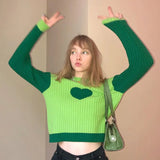 Pastel Gothic Color Match Sweaters Women's Harajuku Kwaii Pink Wide Ribs Pullovers Heart Print Slim Streetwear