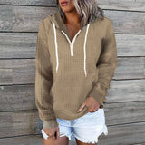 Toloer New Casual Home Wear Women's Zipper Hooded Bag Solid Color Waffg Long Sleeve Hoodie-Outfit