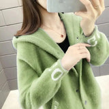 Mink Fleece Hooded Jacket Women Spring Autumn Korean Single Breasted Sweater Cardigan Female Casual Short Knitted