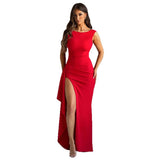 Summer New Solid Color Round Collar High Open Fork Sexy Bare Back Dress Women Body