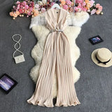 New Summer Fashion turn down collar sleeveless off shoulder Jumpsuit high waist lace up casual wide leg pleated