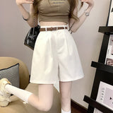 Casual Solid Color Cargo Pants A-Word Wide Leg Pants Five Split Pants With A Belt-Outfit