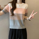 Gradient Striped T-Shirt Women's Summer New Oceanic Ice Silk Sleeve