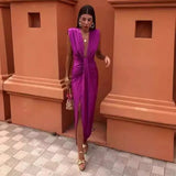 Deep V Collar Folded Open Fork Dress Female Summer New Temperament Thin Dress Dress Dress