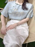 Chinese Style Disc Button Retro Women's Dress Imitation Silk Short-Sleeved T-Shirt Summer Imitation Mulberry Silk Shirt-Outfit