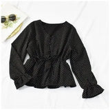 New Spring Fashion All-match V-neck flared sleeve Shirt lace up waist slim dot Long Sleeve Shirt