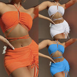 2023 New Folding Cloth Drawstring Strap Mesh Three-Piece Swimsuit
