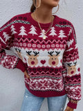 Santa Trees Elk Print O-Neck Red Christmas