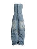 Toloer New Fashion Street Style With Chest And Waist Show Figure Hot Girl Many Pocket Jeans Cargo Pants Jumpsuit-Outfit